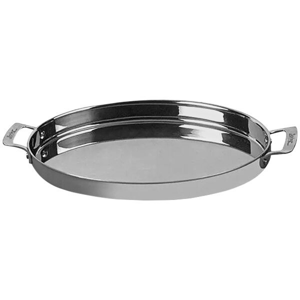 A silver pan with stainless steel handles.