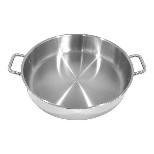 A Spring USA Primo! stainless steel paella pan with handles.