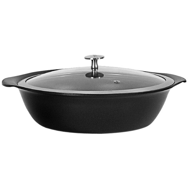 A black Spring USA Motif round casserole pan with a lid.