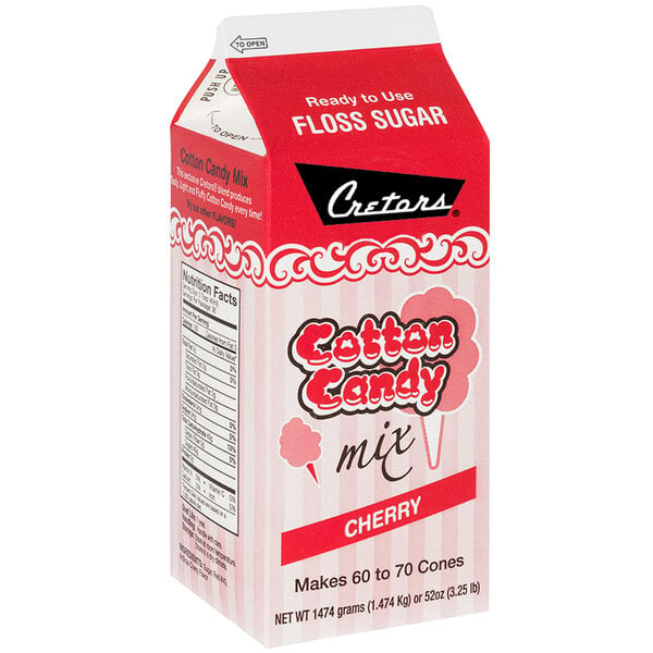 A white and red carton of Cretors cherry cotton candy floss sugar.