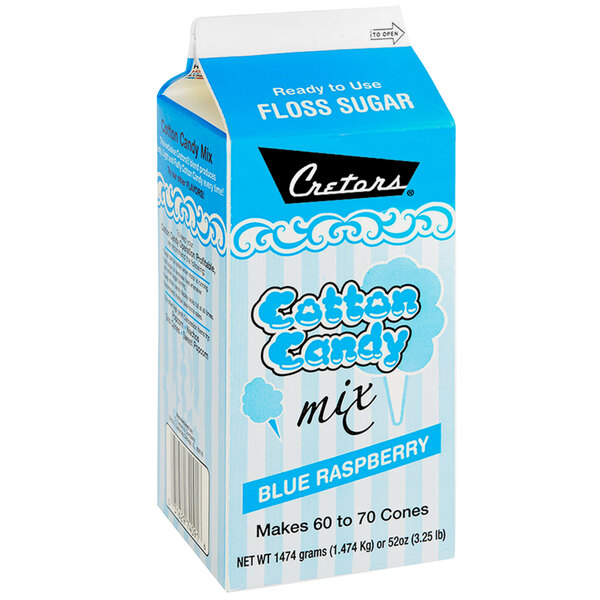 A blue and white carton of Cretors Blue Raspberry Cotton Candy Floss Sugar.