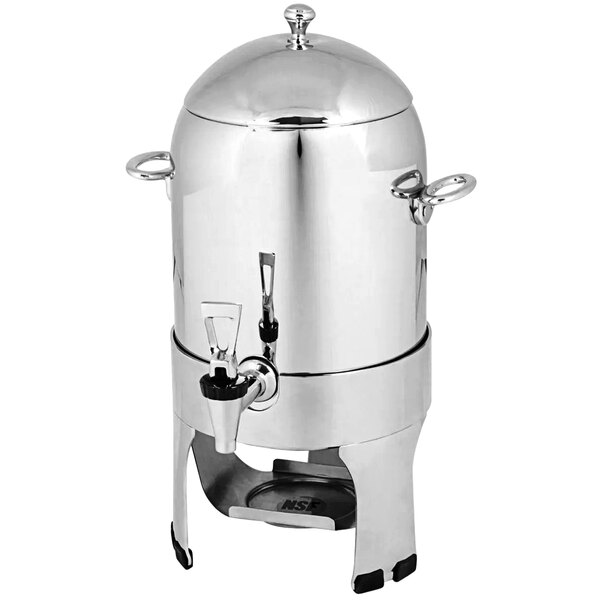 A Spring USA stainless steel coffee urn with a lid and a handle.
