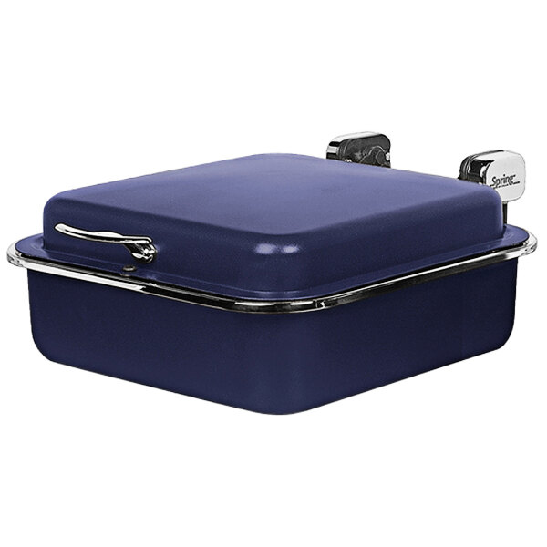 A blue rectangular stainless steel chafer with silver accents.