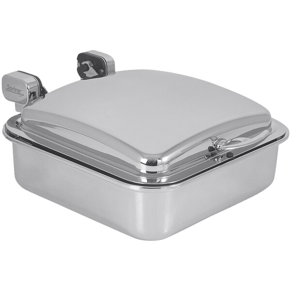 A Spring USA stainless steel rectangular chafer with chrome accents and a lid.