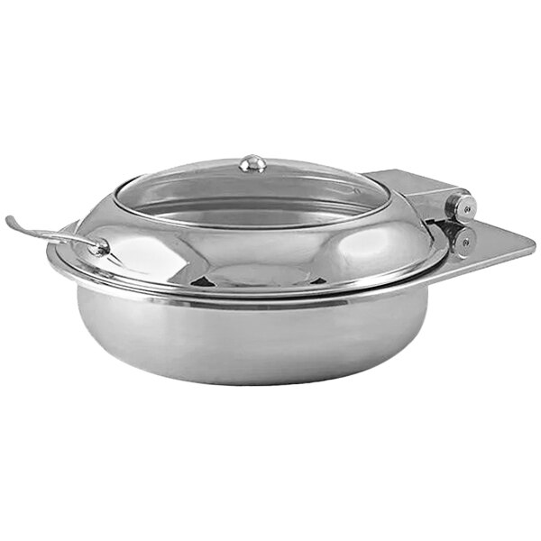 A Spring USA stainless steel round chafer with a glass lid.