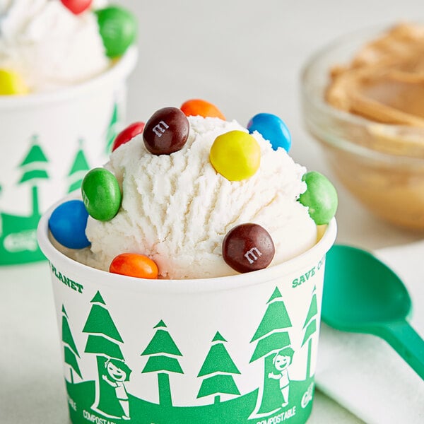 A scoop of ice cream with M&M's Peanut Butter Milk Chocolate Candies on top.