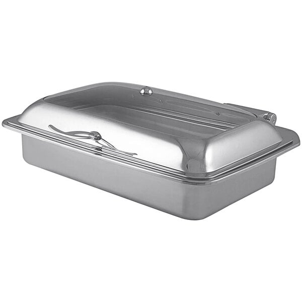 A Spring USA stainless steel rectangular chafer with glass lid on a counter.