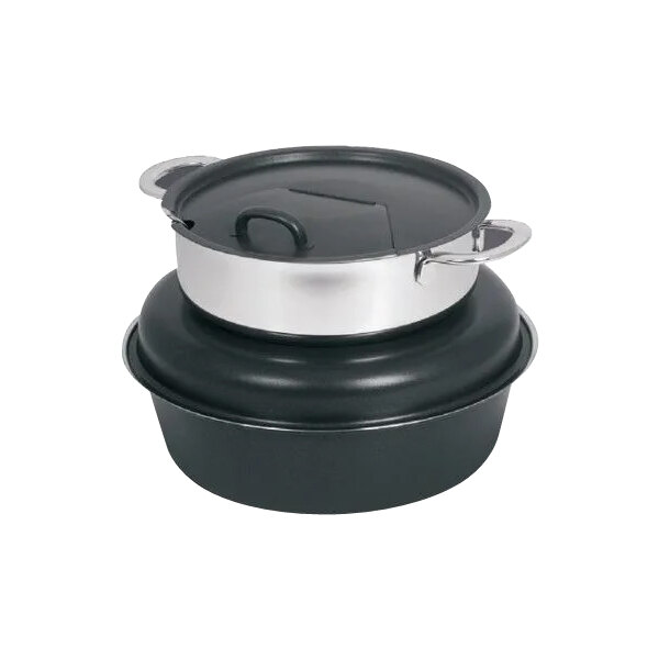 A black and silver Spring USA Seasons titanium stainless steel marmite chafer with a lid.