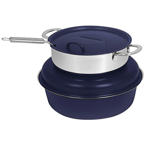 A blue and silver Spring USA Seasons stainless steel marmite chafer with a lid.