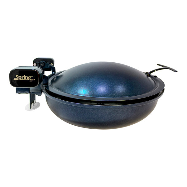 A blue and stainless steel Spring USA round induction chafer with a lid.