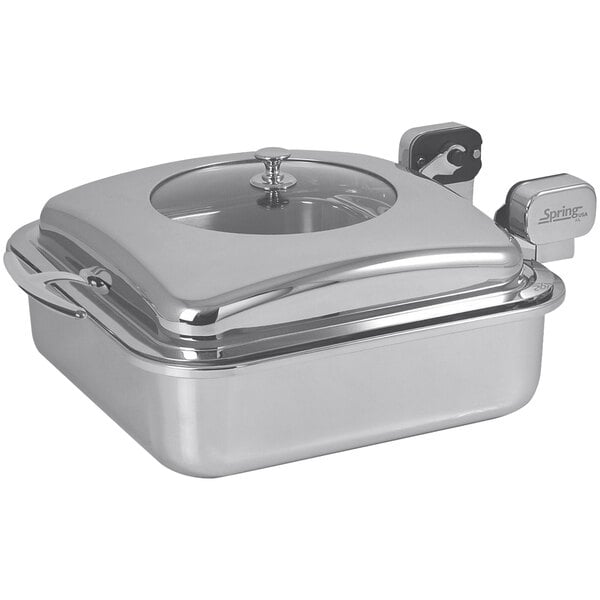 A silver stainless steel Spring USA Sauteuse Vision container with a lid.