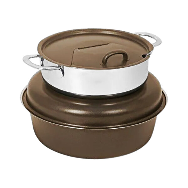 A bronze stainless steel Spring USA Seasons Marmite chafer with a lid.