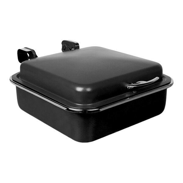 A black rectangular container with a lid and a handle with silver accents.