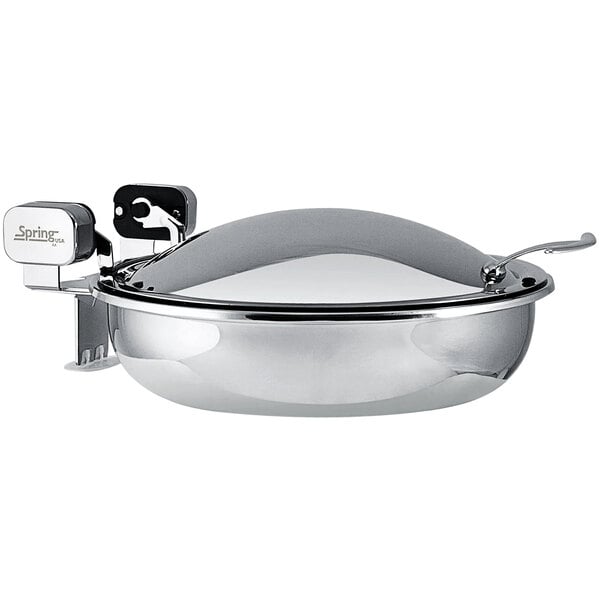 A Spring USA stainless steel chafer bowl with a lid and a handle.