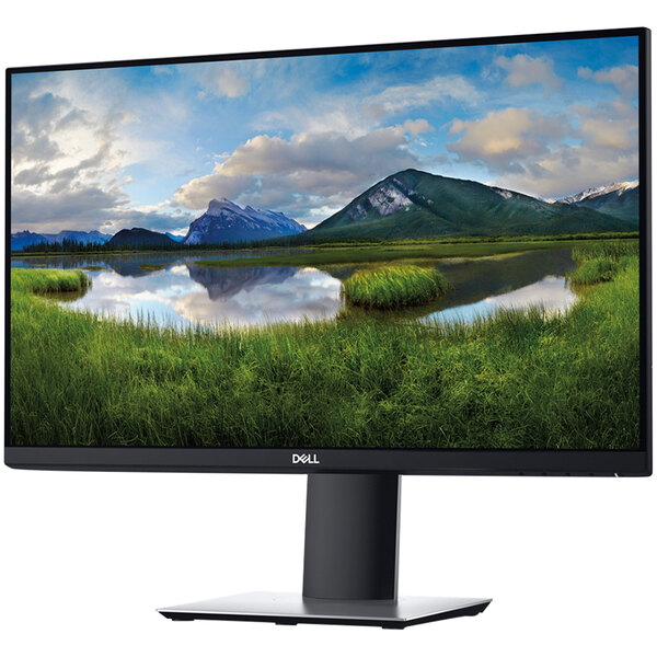 A Dell computer monitor displaying a grassy area with water.