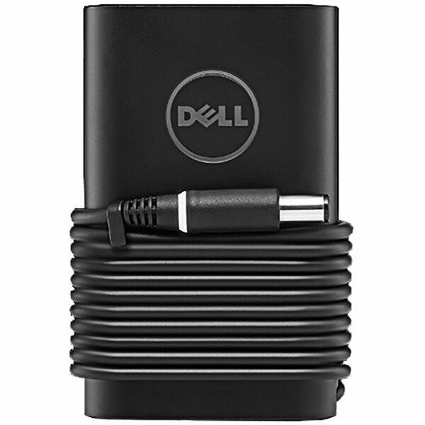 A close up of a black Dell power adapter with a logo on the cord.