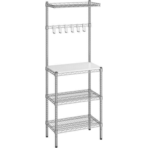 A wire shelf with a white plastic top.