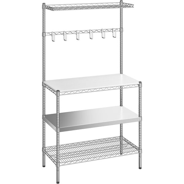 A white rectangular stainless steel shelf with two wire shelves and a rack.