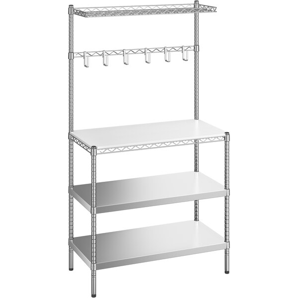 A white Regency wire baker's rack with stainless steel shelves.