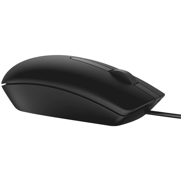 A Dell black wired USB optical mouse with a cord.