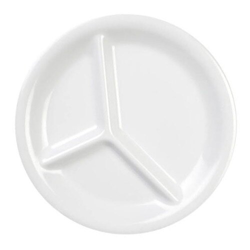 A white Thunder Group melamine plate with three sections.