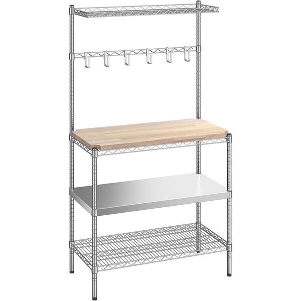 A Regency chrome wire baker's rack with stainless steel and wood shelves.