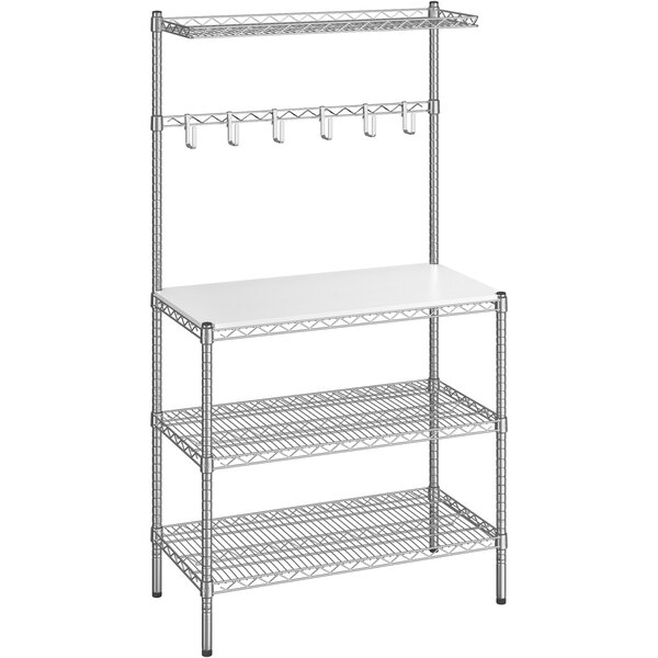 A Regency chrome baker's rack with wire shelves and a plastic cutting board on top.