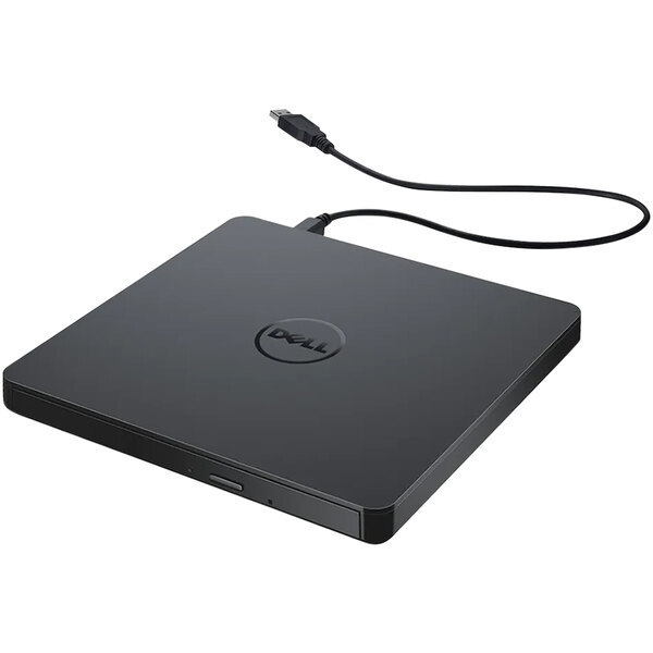 A black rectangular Dell USB Slim DVD±RW Drive with a cord.
