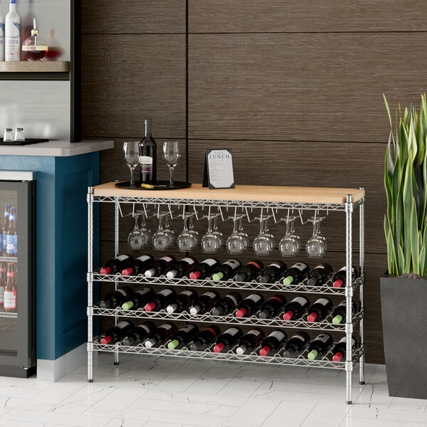 A Regency wire wine rack with wine bottles on shelves.