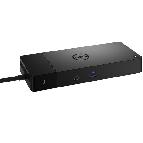 A black rectangular Dell Thunderbolt 4 Dock with ports and a power cord.