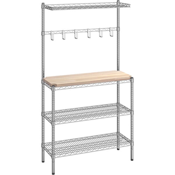 A Regency chrome wire baker's rack with wood shelves.
