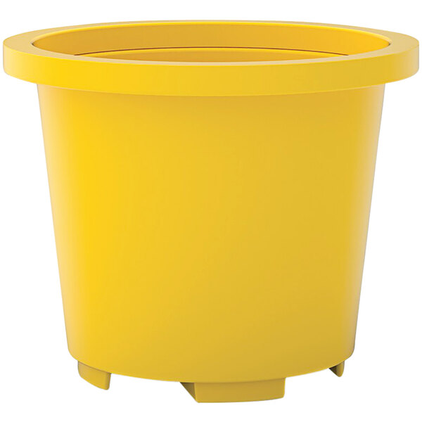 A yellow Vestil low density polyethylene drum containment container.