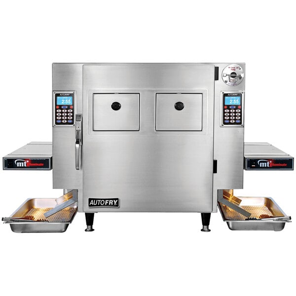 A large stainless steel AutoFry MTI-40C ventless fryer with two baskets inside.
