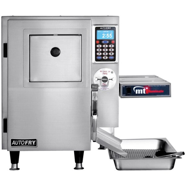 An AutoFry MTI-10X ventless fryer with a tray and a bowl inside.