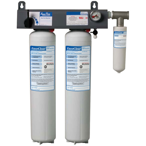 The Bunn EQHP-TWIN water filter kit with lime scale inhibitor, consisting of two white cylinders.