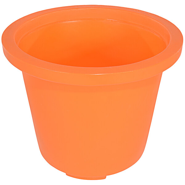 An orange plastic Vestil over pack drum with a white lid.