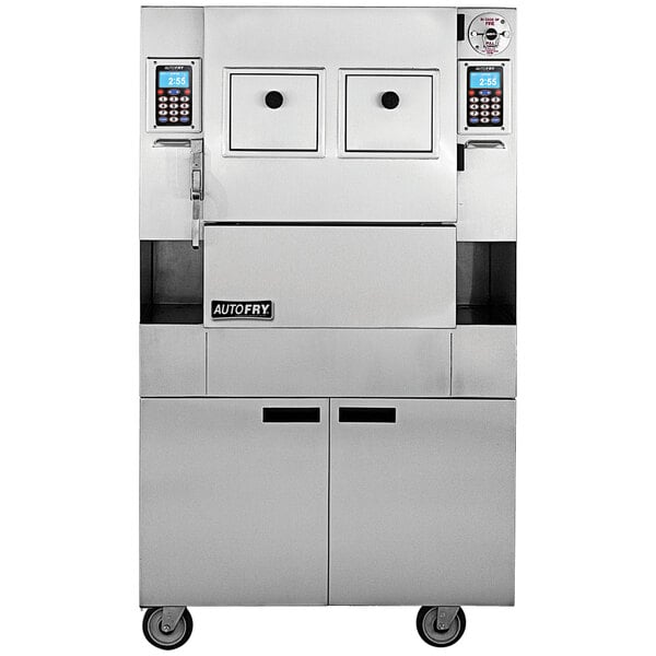 A large silver AutoFry MTI-40E machine with two doors and black knobs on a white background.