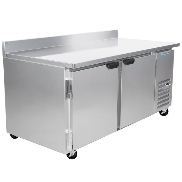 A stainless steel Beverage-Air worktop freezer with two doors.