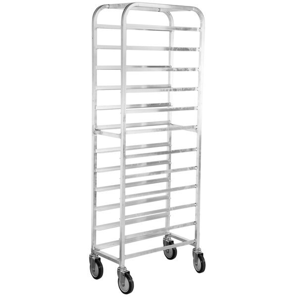 A Winholt stainless steel platter rack with wheels.