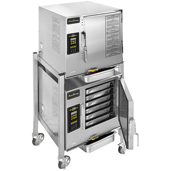 An AccuTemp double-stacked electric steamer oven on wheels with a door open.
