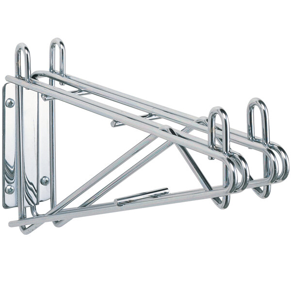 A stainless steel wall mount bracket for adjoining shelves with two hooks.
