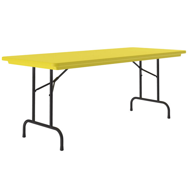 A yellow rectangular table with black legs.