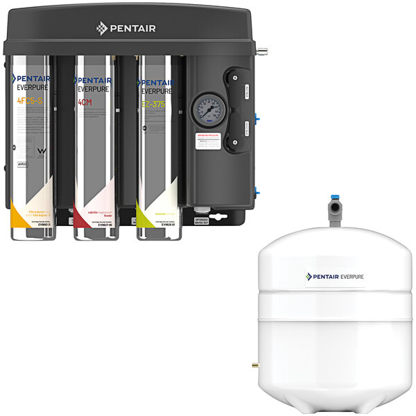 An Everpure reverse osmosis water filter with a white 2 gallon tank with a black border.
