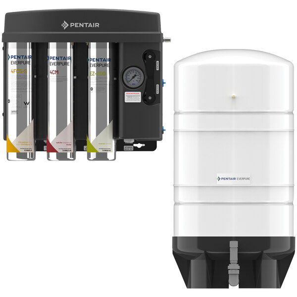 An Everpure reverse osmosis water filter system with a white plastic container and a yellow button.