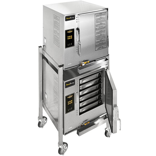 A large stainless steel AccuTemp double-stacked steamer on wheels.
