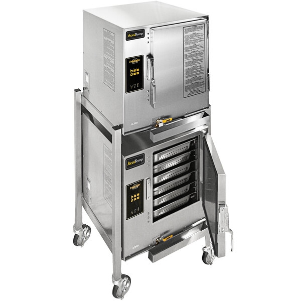 A large stainless steel AccuTemp Double-Stacked Electric Boilerless Steamer on wheels.