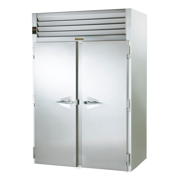 A Traulsen stainless steel reach-in refrigerator with two doors, one white and one stainless steel with a silver handle.