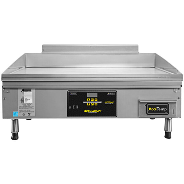 An AccuTemp AccuSteam countertop gas griddle with a stainless steel top.