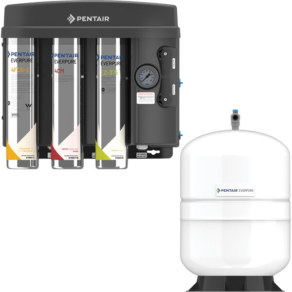 An Everpure reverse osmosis system with white plastic container and black lid.
