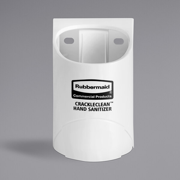 A white Rubbermaid sanitizer dispenser with a black label.